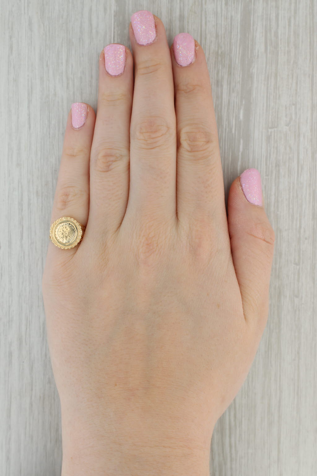 Dark Gray Indian Head Coin Copy Signet Ring 14k Yellow Gold Size 6