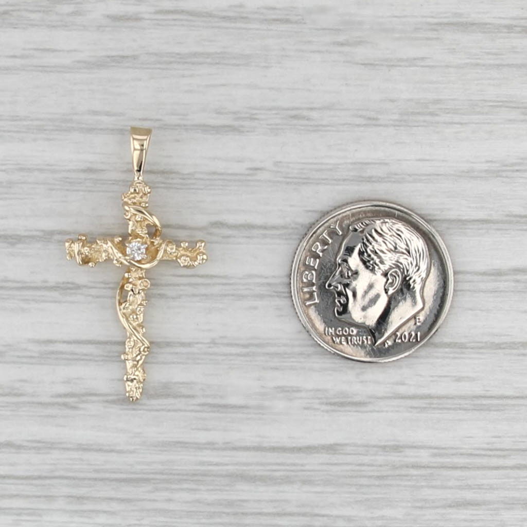 Diamond Solitaire Ornate Cross Pendant 14k Yellow Gold Small Drop