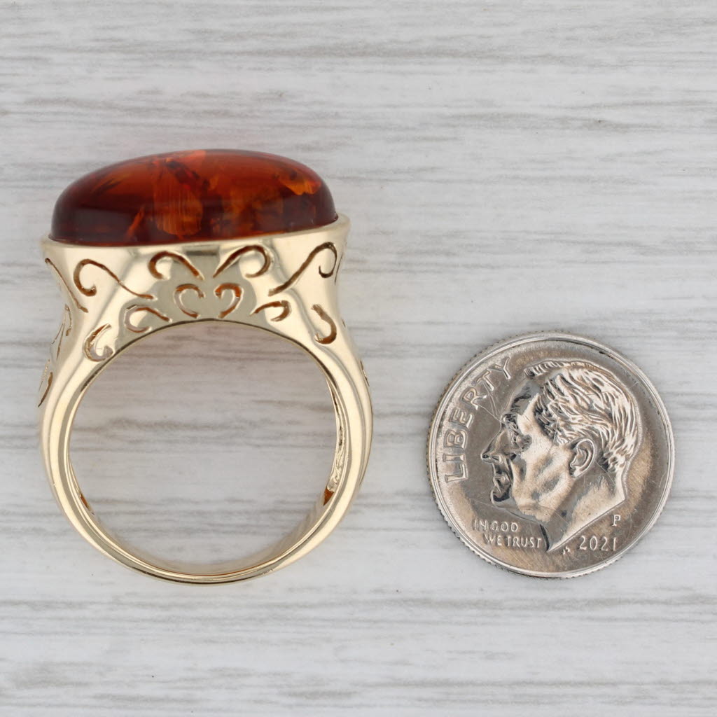 Gray Amber Cabochon 14K Yellow Gold Ornate Cocktail Ring Size 9