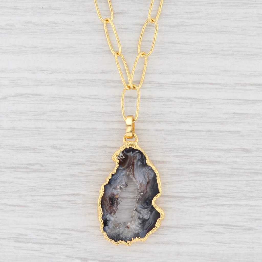 New Nina Wynn Druzy Geode Quartz Pendant Necklace Sterling Gold Vermeil 21"