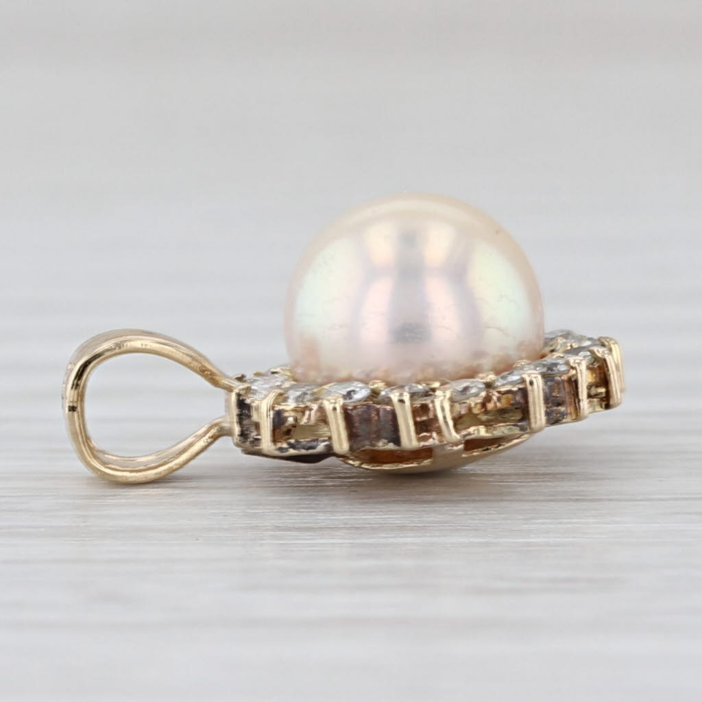 Cultured Pearl Diamond Halo Pendant 14k Yellow Gold Small Drop