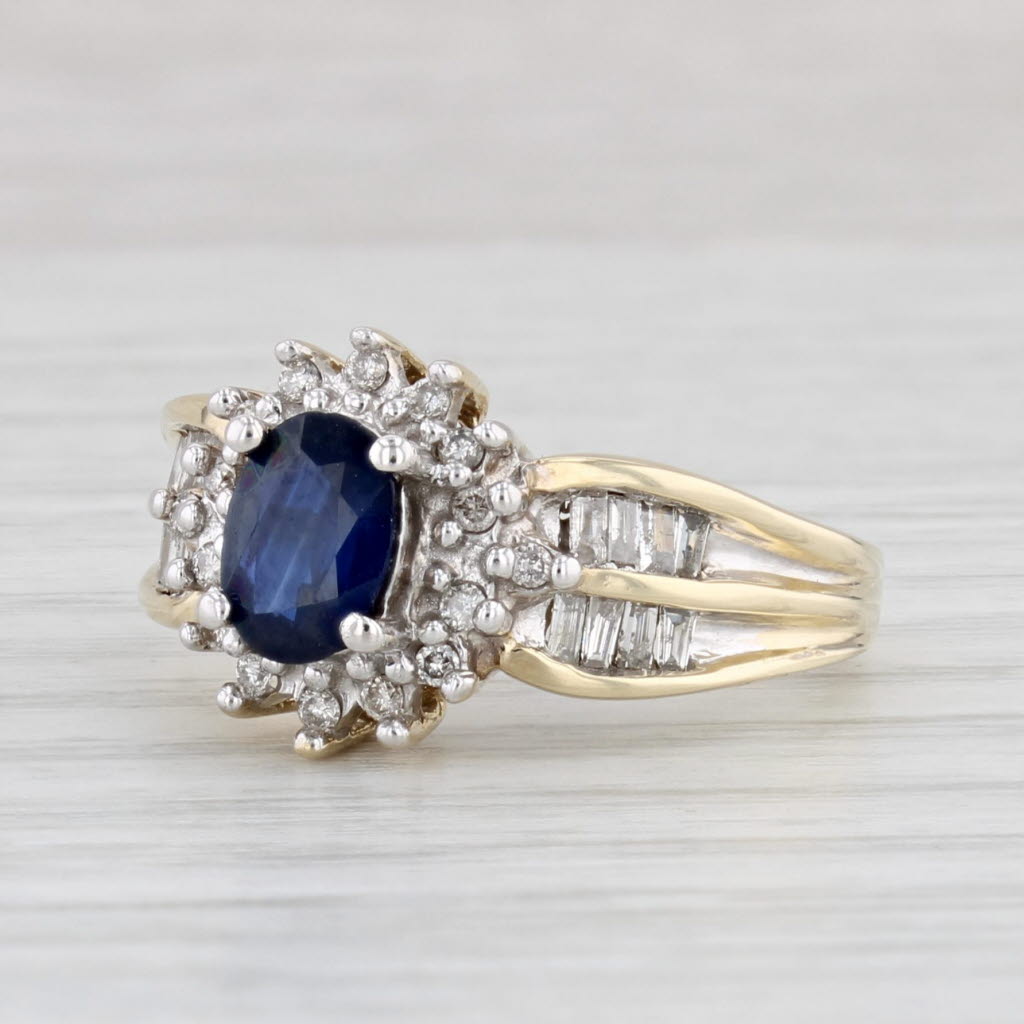 Light Gray 1.006ctw Oval Blue Sapphire Diamond Halo Ring 10k Yellow Gold Size 7.25