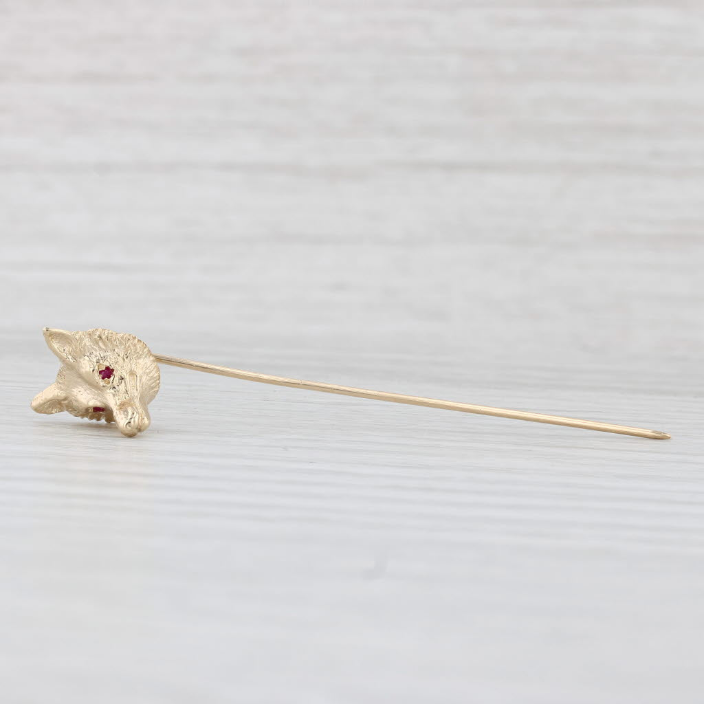 Light Gray Vintage Wolf Stickpin Ruby Eyes 14k Yellow Gold