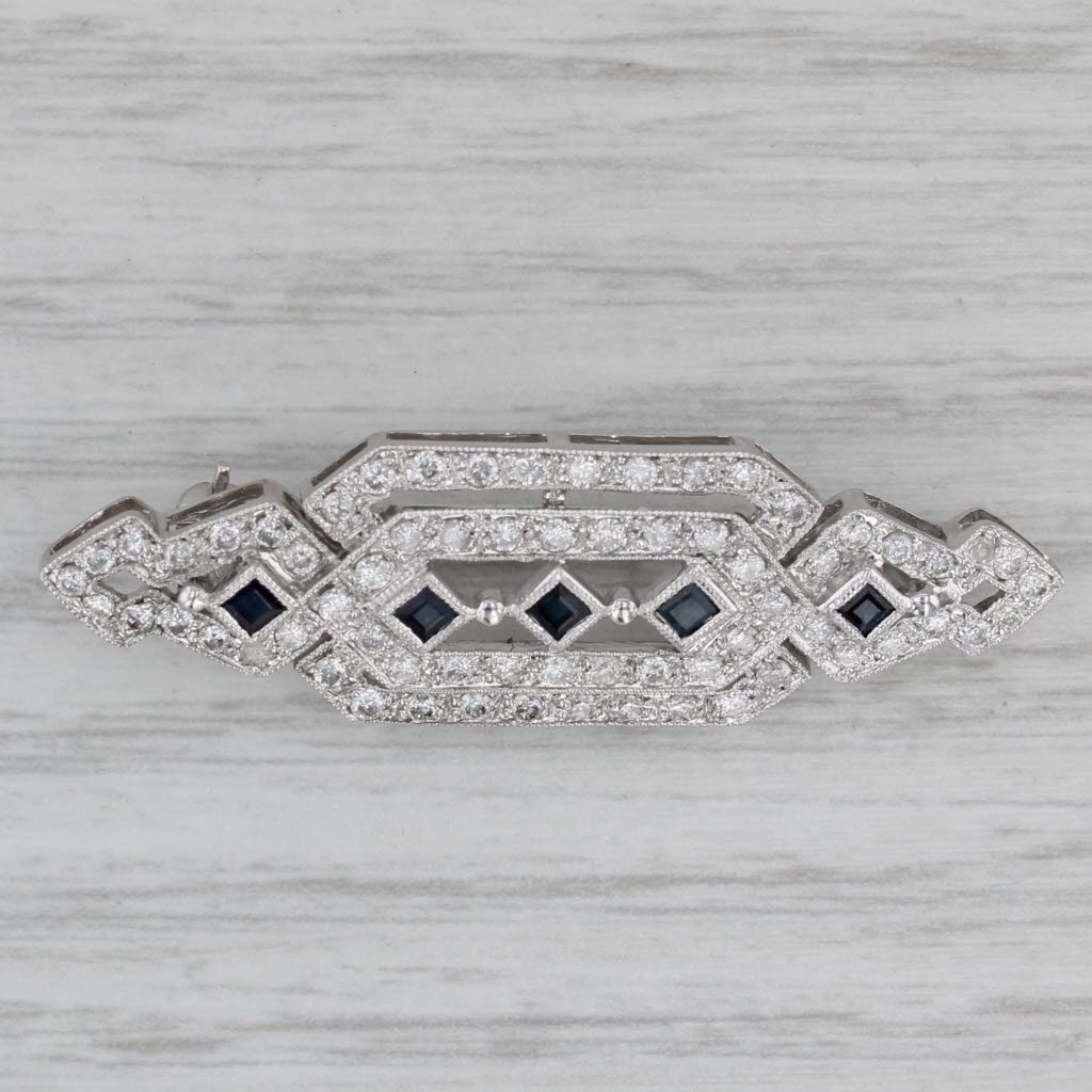 Gray 0.95ctw Blue Sapphire Diamond Brooch 14k White Gold Pin