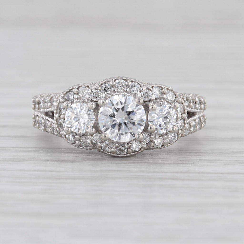 2.01ctw Diamond 3-Stone Engagement Ring 14k White Gold Size 6.75 Pave Accents