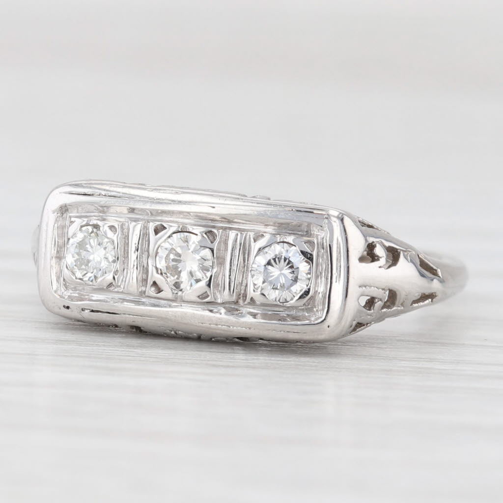 Light Gray Vintage 0.24ctw Diamond 3-Stone Ring 10k White Gold Size 7.5 Floral Filigree