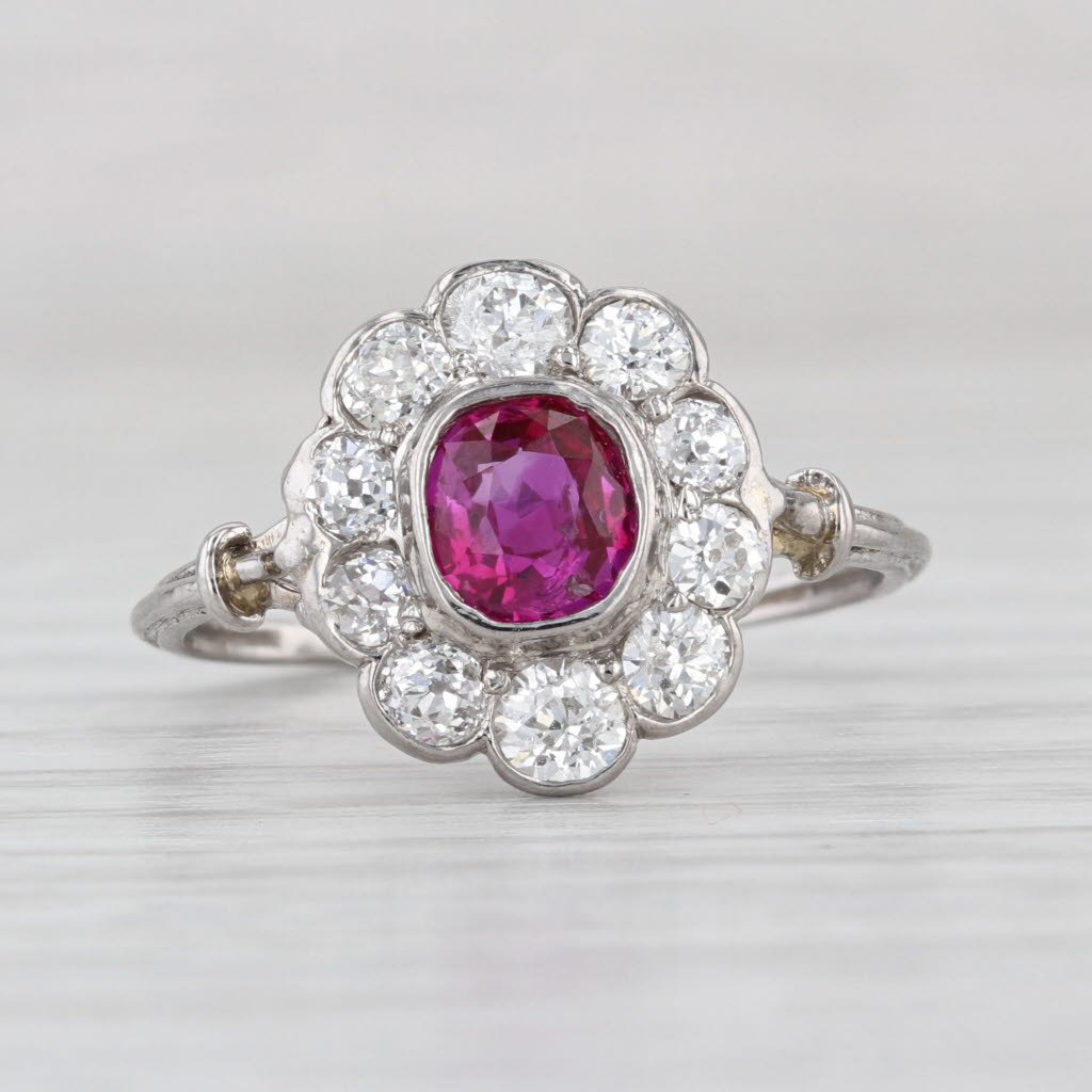 Antique 1.61ctw Ruby Diamond Halo Ring Platinum Size 8.25 GIA Engagement