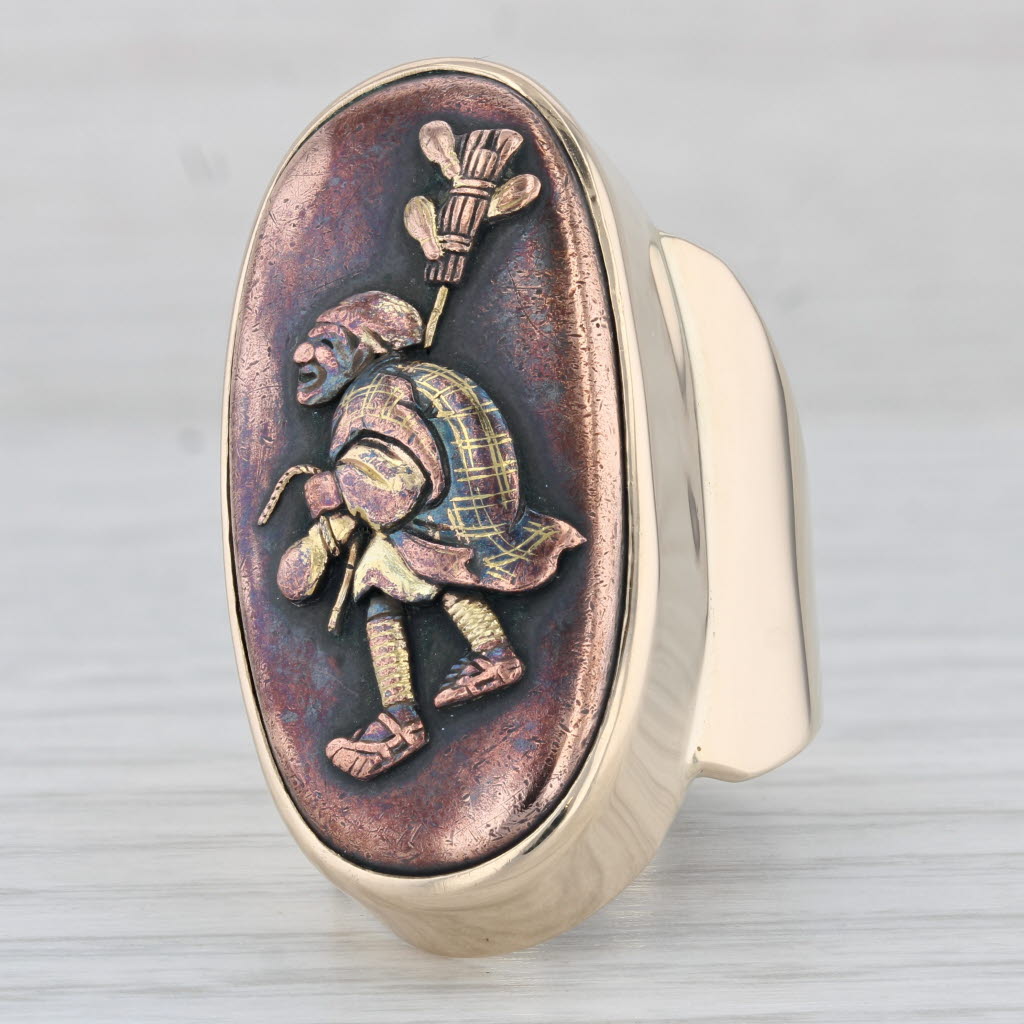 Large Japanese Shakudo Figural Signet Ring 14k Gold Copper Inlay Ancient Figure