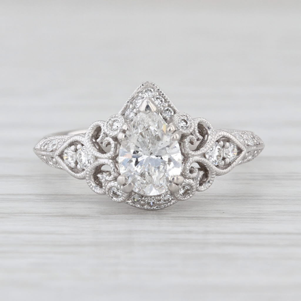 Gabriel & Co Pear Diamond Halo Engagement Ring 14k White Gold Size 5