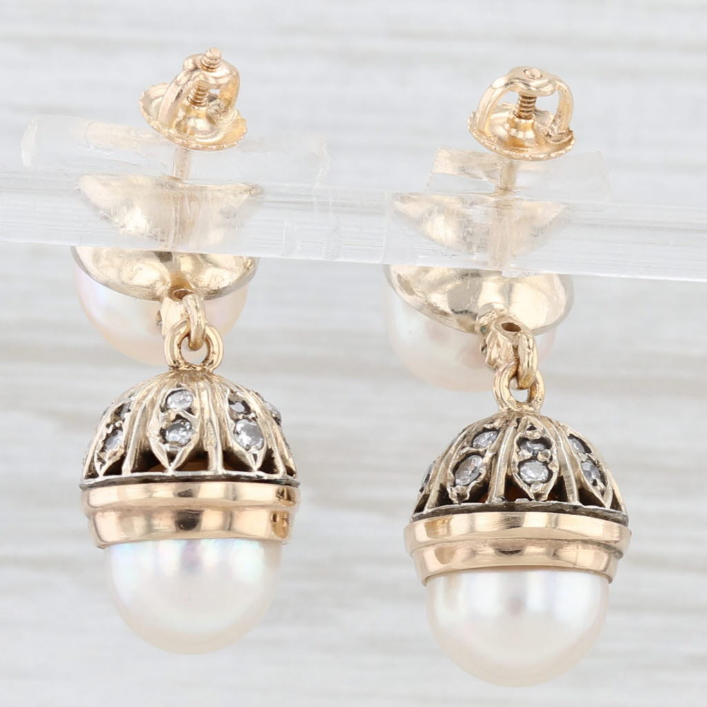 Light Gray Antique Cultured Pearl Diamond Dangle Earrings Silver Gold w/ Box Screw Backs