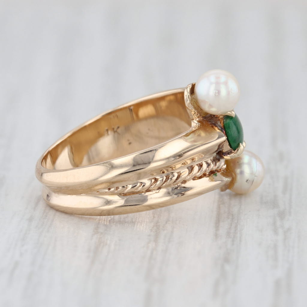 Green Jadeite Jade Pearl Bypass Ring 14k Yellow Gold Size 6