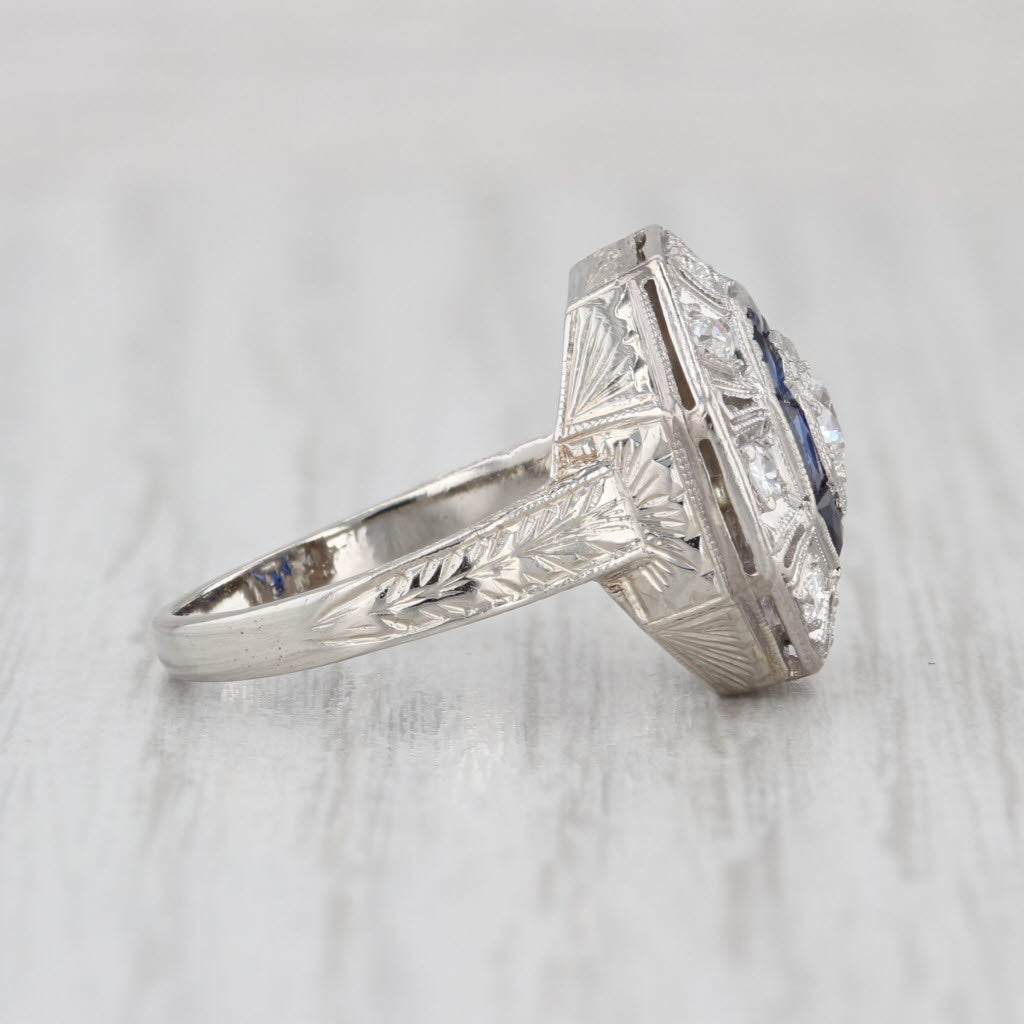 Art Deco 0.96ctw Diamond Lab Created Sapphire Halo Ring 14k Gold Platinum Sz 5.5