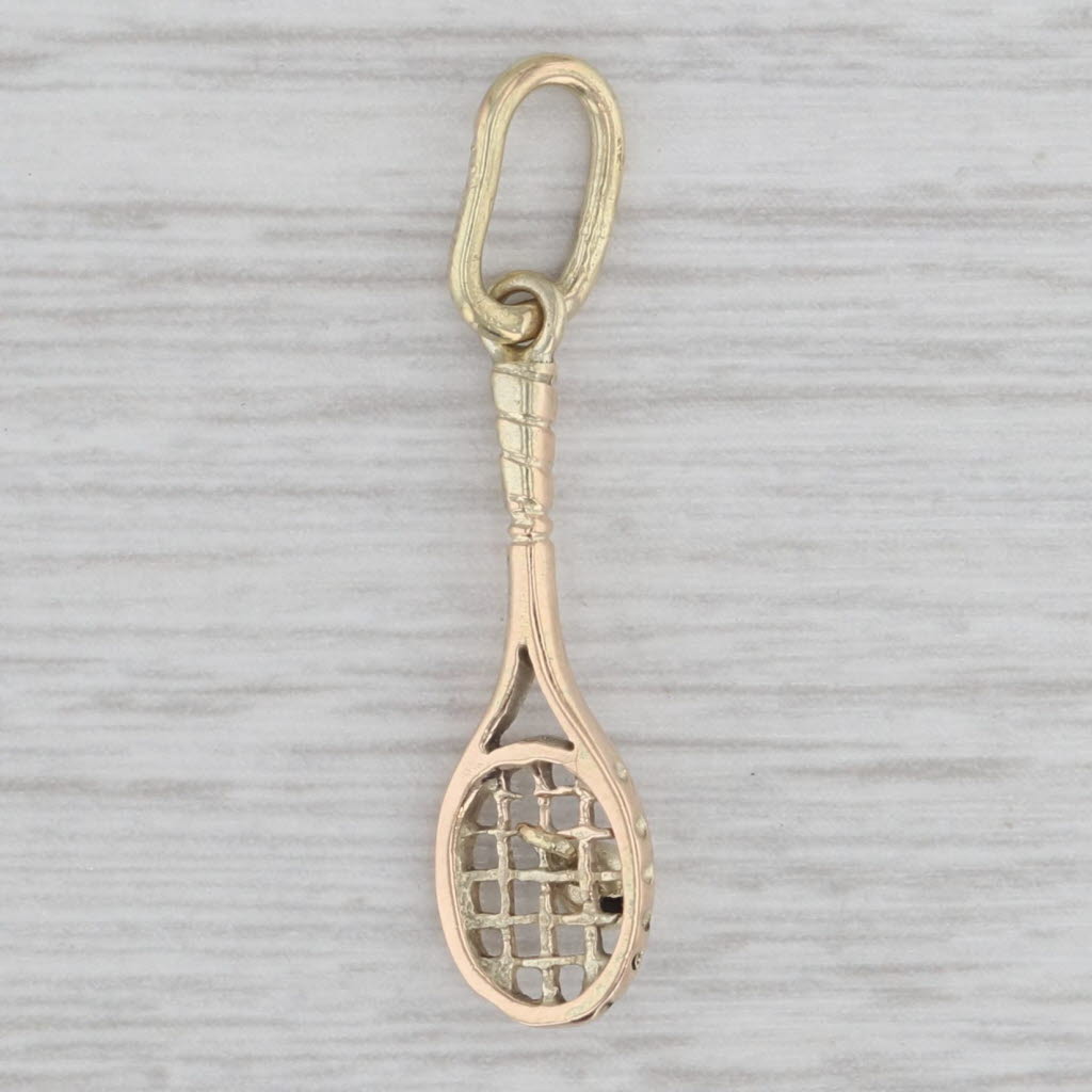 Gray Vintage Tennis Racquet & Ball Charm 14k Yellow Gold Pendant Moving Parts