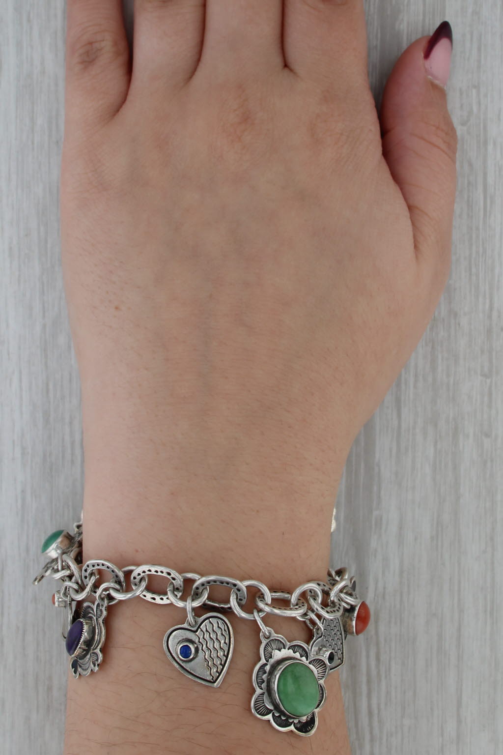 Don Lucas Multistone Hearts Flowers Charm Bracelet Sterling Silver 6.5"