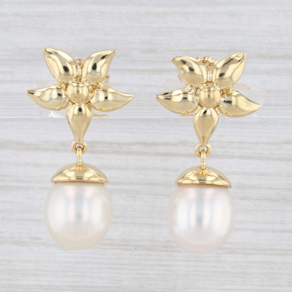 Light Gray Flower Cultured Pearl Dangle Earrings 18k Yellow Gold Pierced Drops