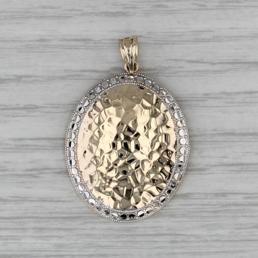 Hammered 2-Toned Oval Drop Pendant 14k Yellow White Gold