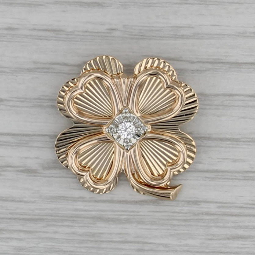 Shamrock Brooch 14k Yellow Gold 0.14ctw Diamond Four Leaf Clover Pin
