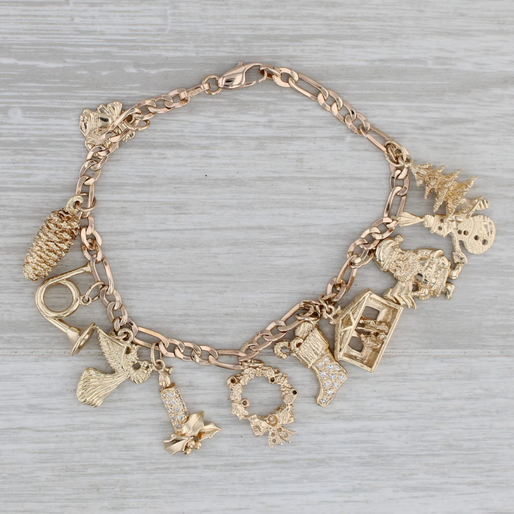 Gray Christmas Themed Charm Bracelet 14k Gold 0.15ctw Diamond Snowman Tree Angle 7"