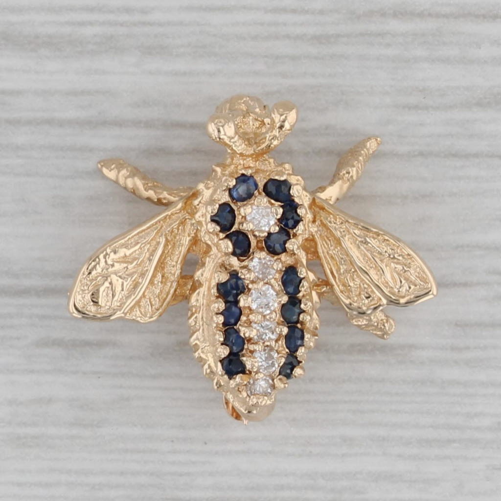 Gray 0.20ctw Blue Sapphire Diamond Small Bee Pin 14k Yellow Gold