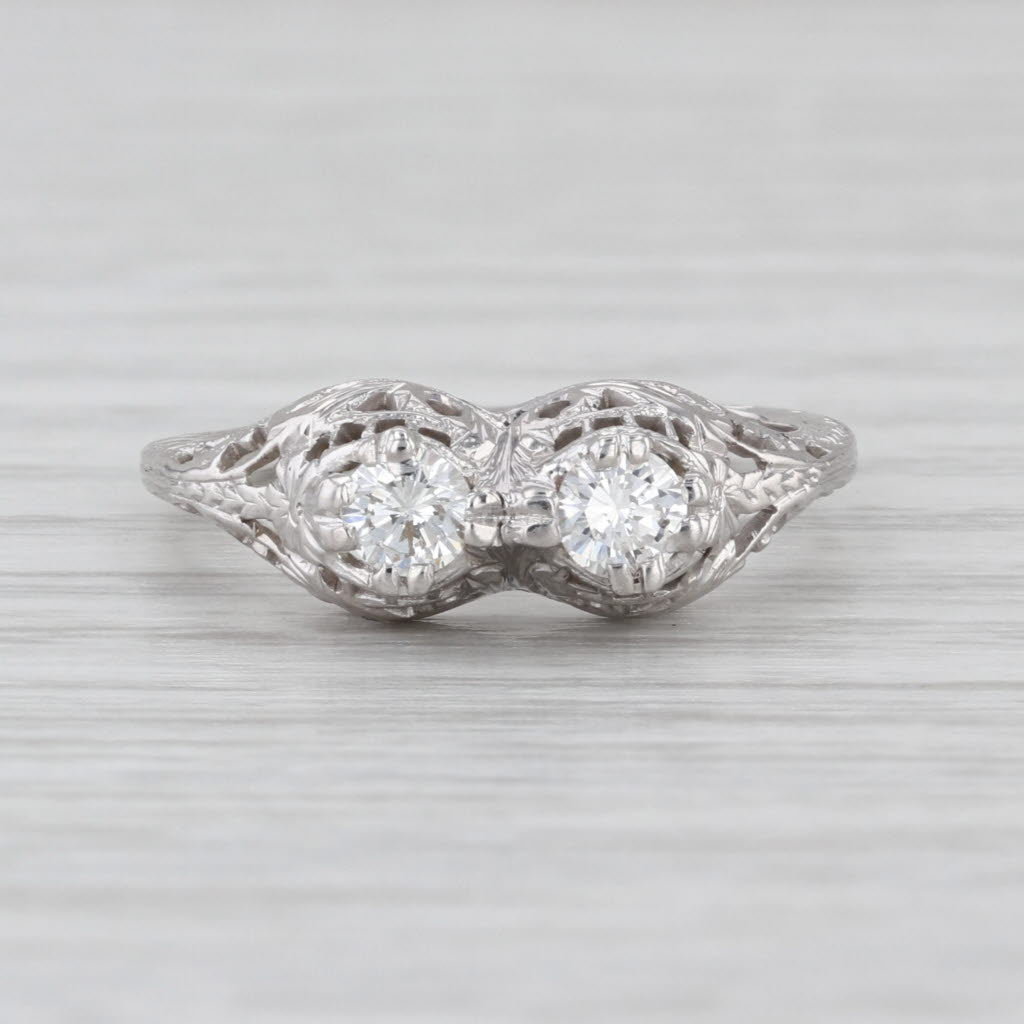 Vintage Art Deco 2-Diamond Filigree Ring 18k White Gold Size 6.75