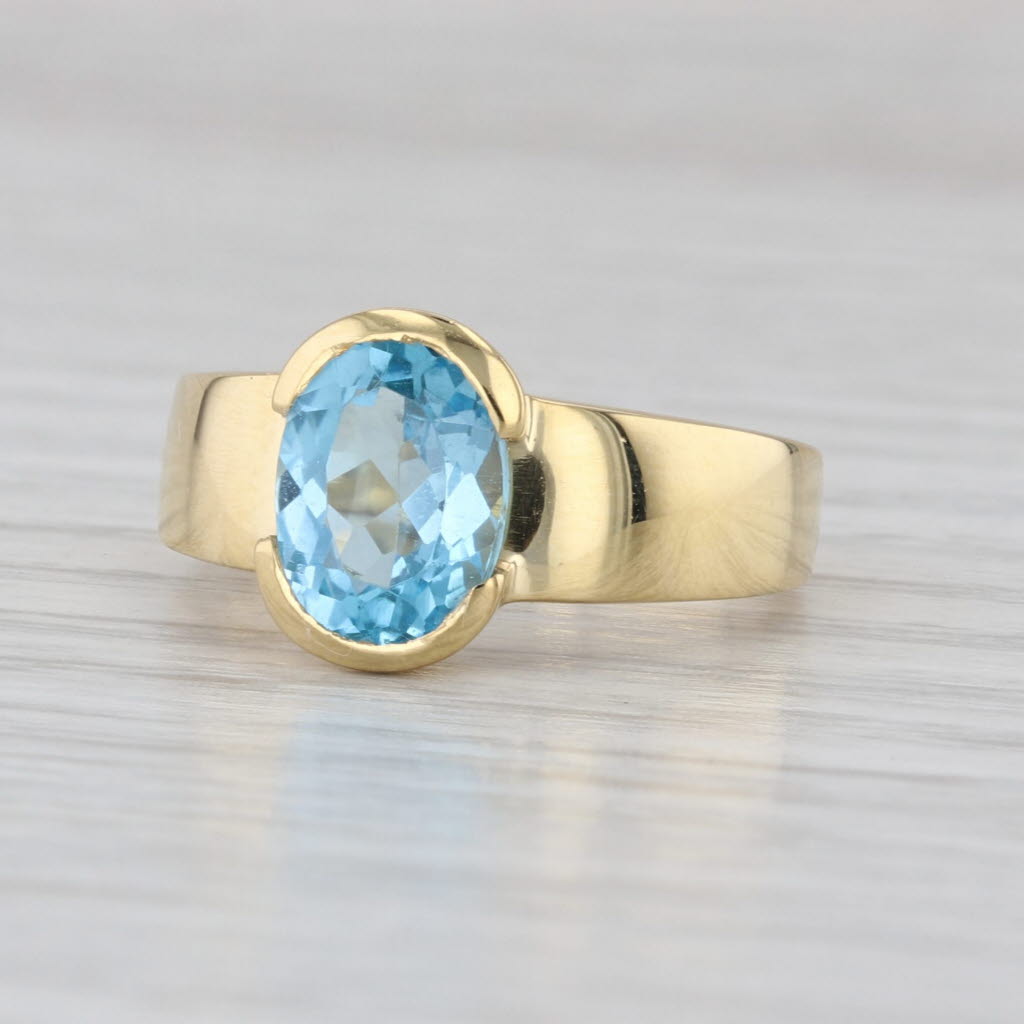 2.30ct Oval Blue Topaz Solitaire Ring 18k Yellow Gold Size 5.5-5.75 Signed