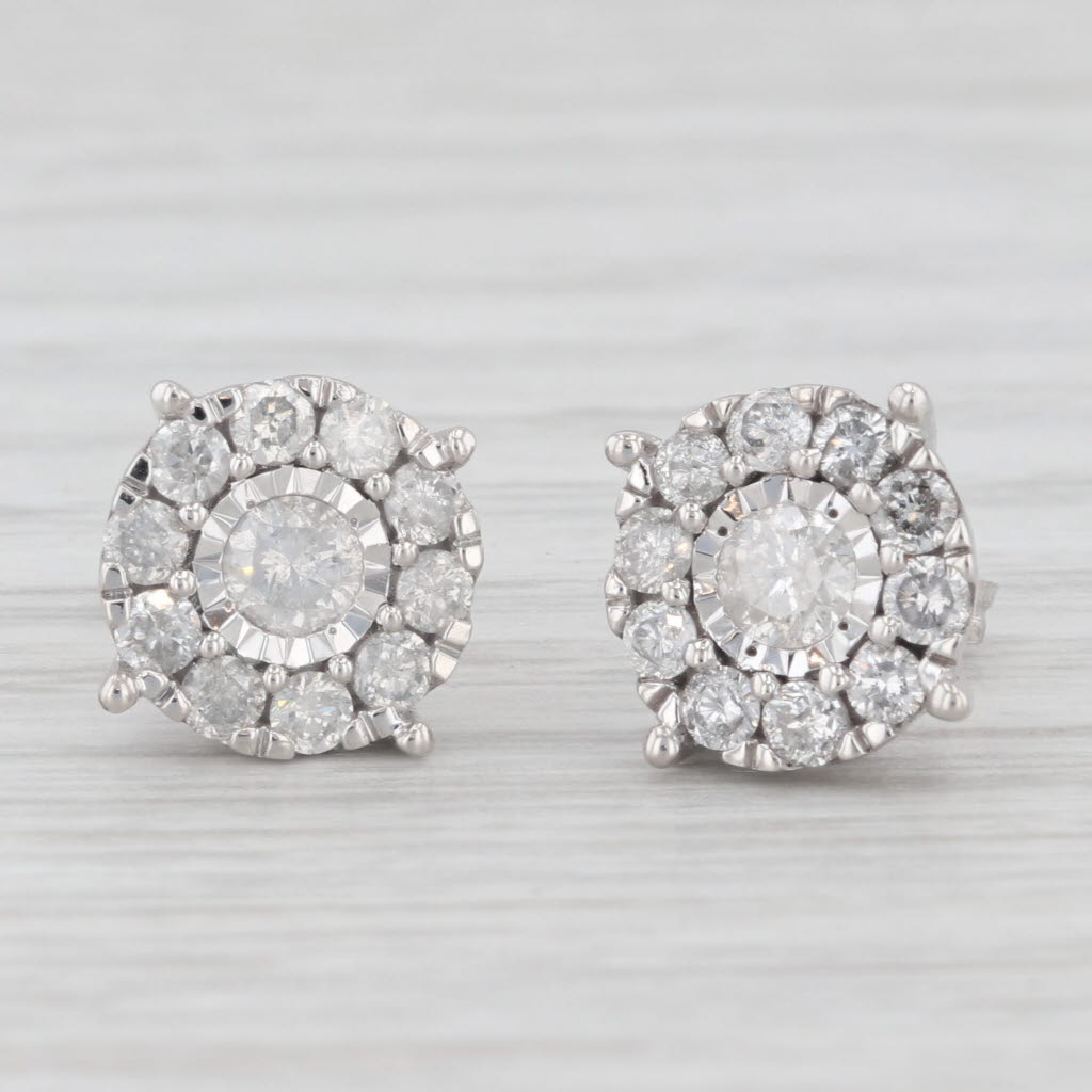 Light Gray 0.95ctw Diamond Halo Stud Earrings 10k White Gold