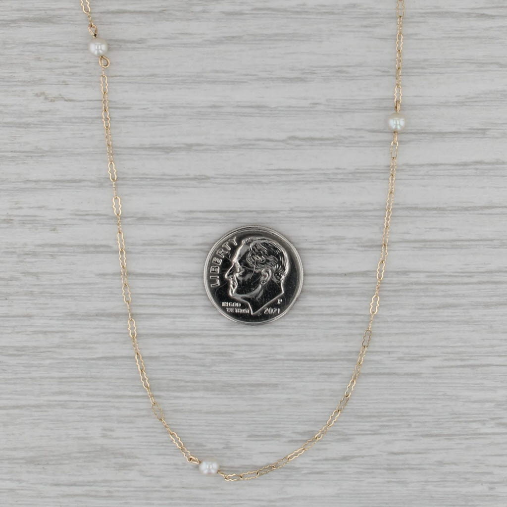 18.25" Cultured Pearl Bead Station Necklace 14k Yellow Gold Crinkle Chain