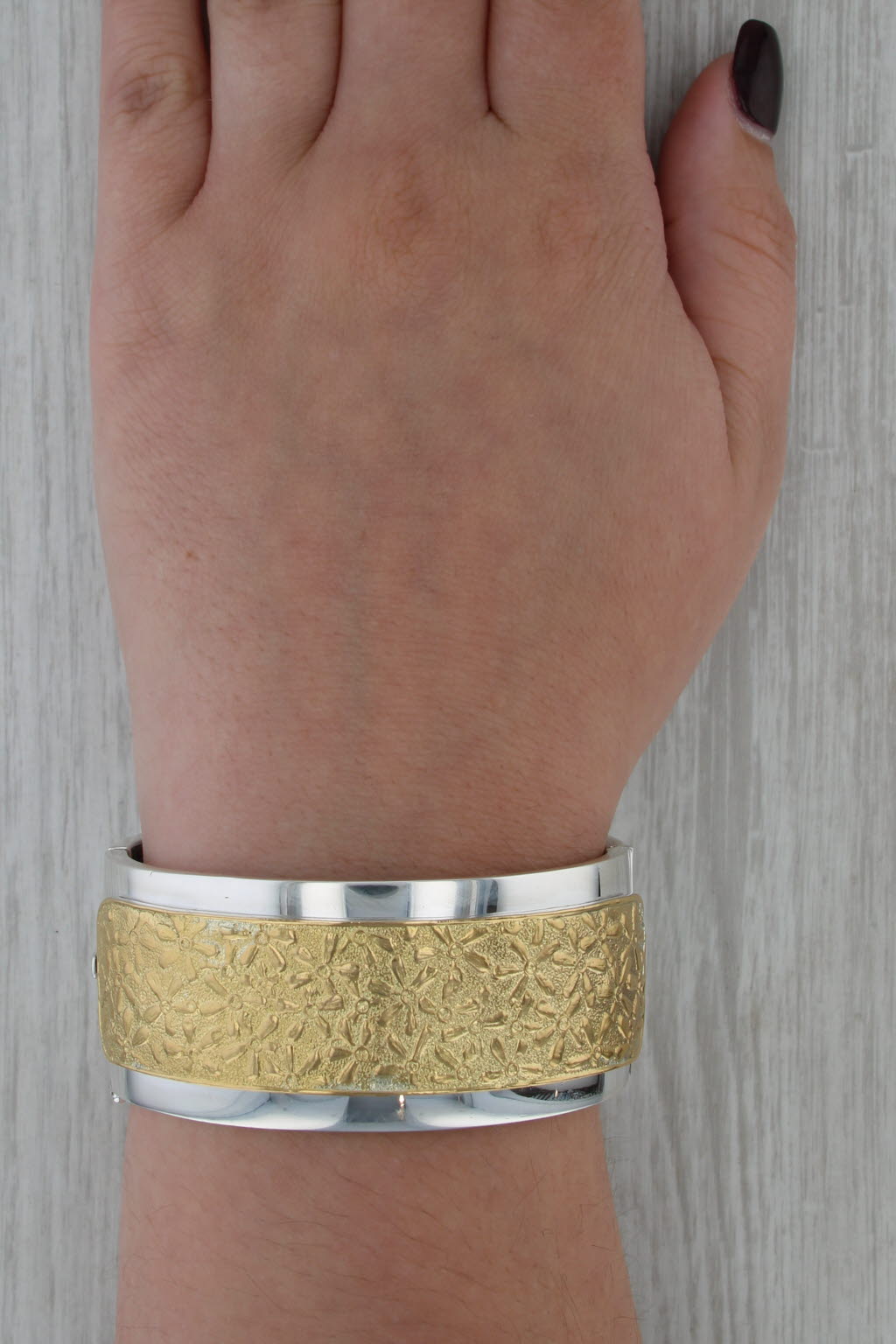Chunky Flower Bangle Bracelet Sterling silver 22k Gold Statement 7" Greece