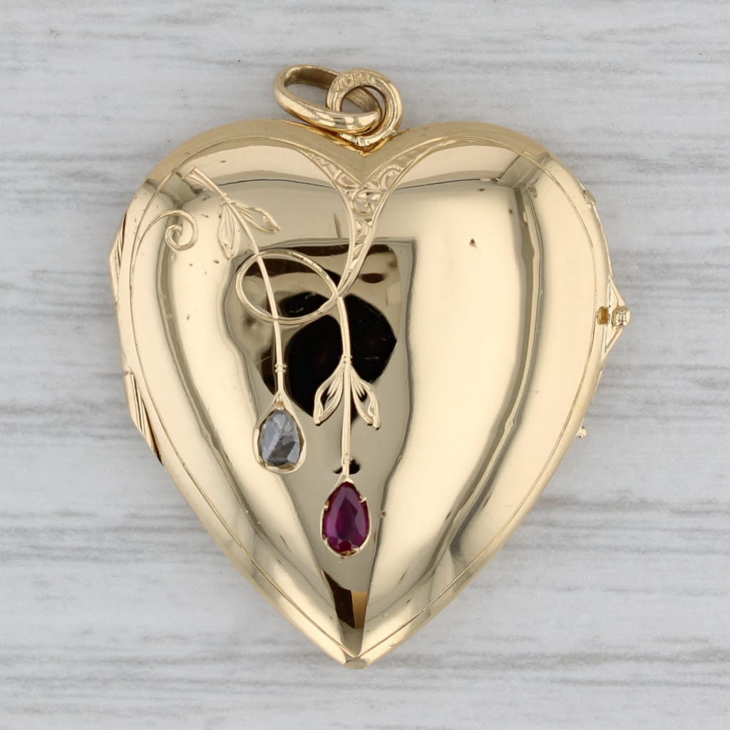 Antique Ruby Diamond Floral Drops Heart Photo Locket Pendant 18k Yello ...