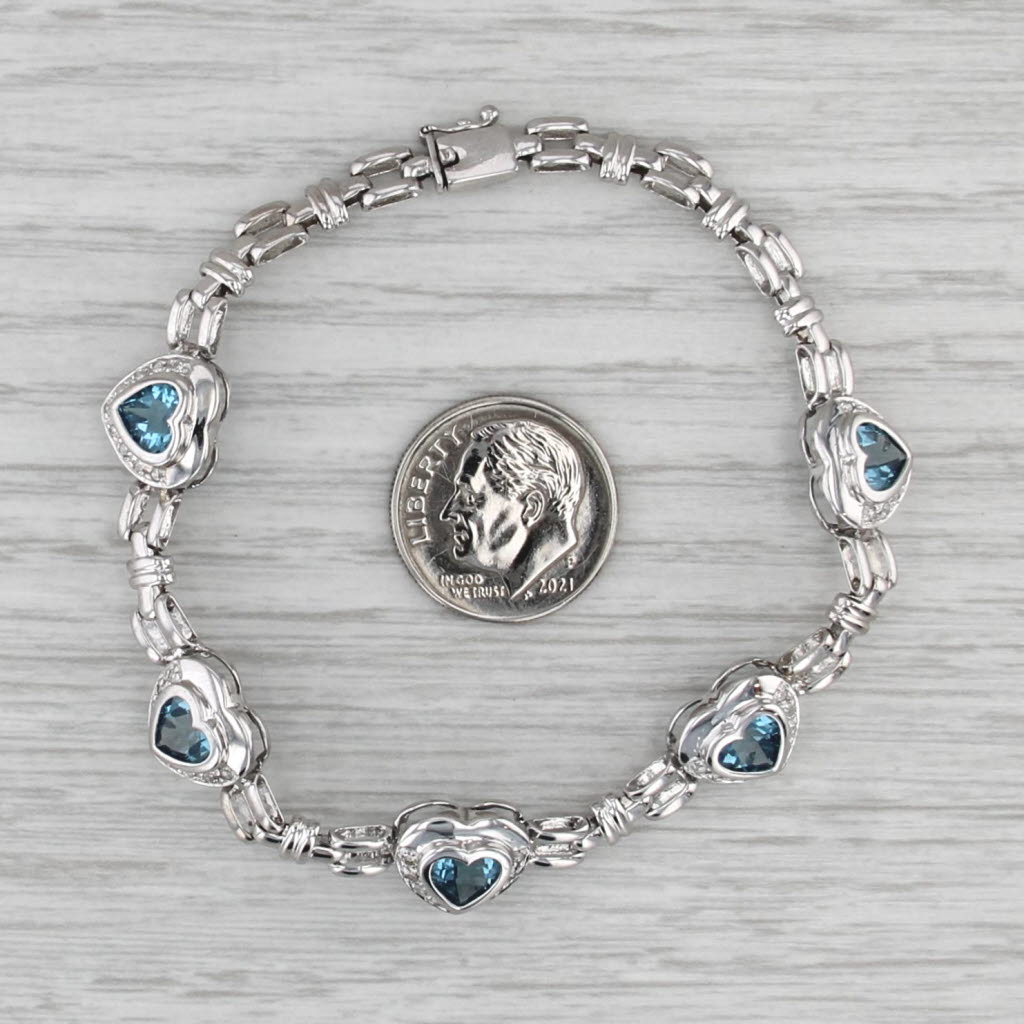 4.61ctw Blue Topaz Hearts Diamond Bracelet 14k White Gold 7"
