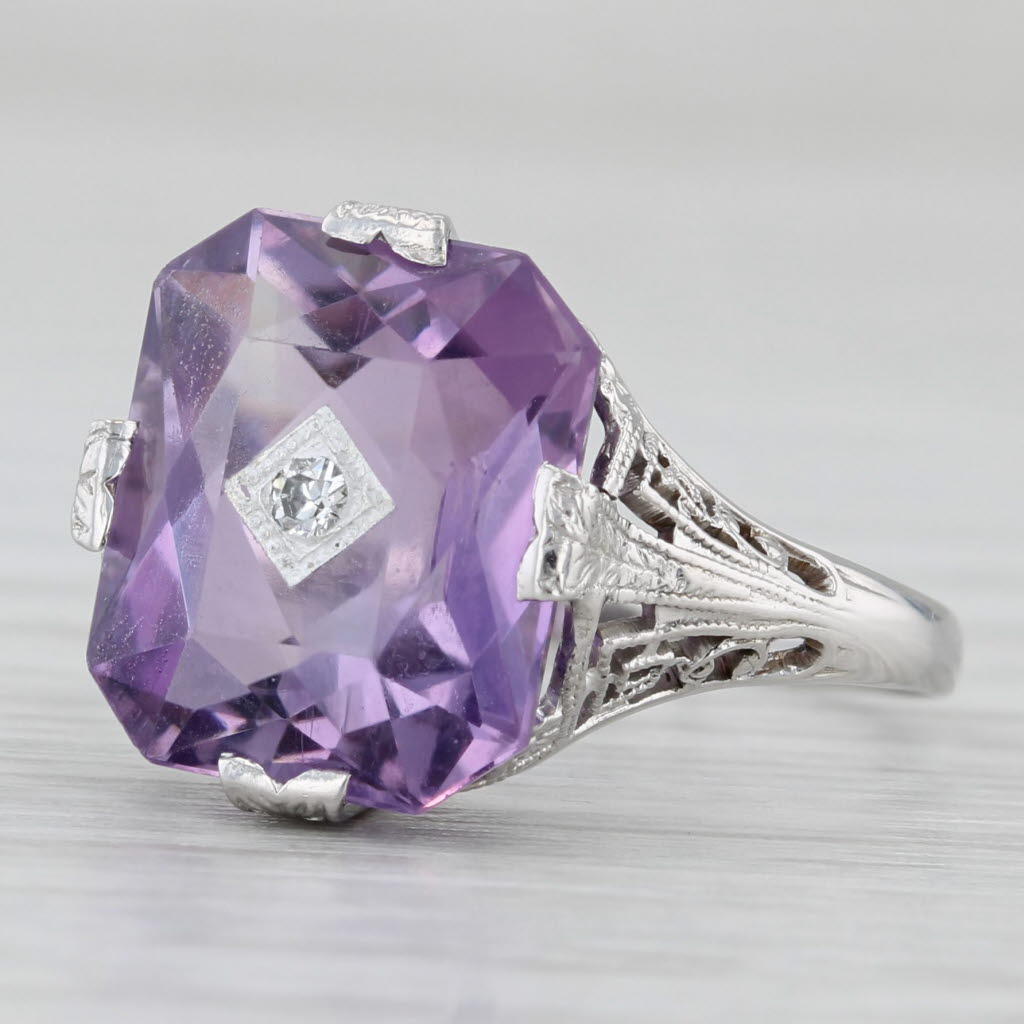 Gray Vintage 5.72ctw Amethyst Diamond Ring 18k White Gold Filigree Size 6.75