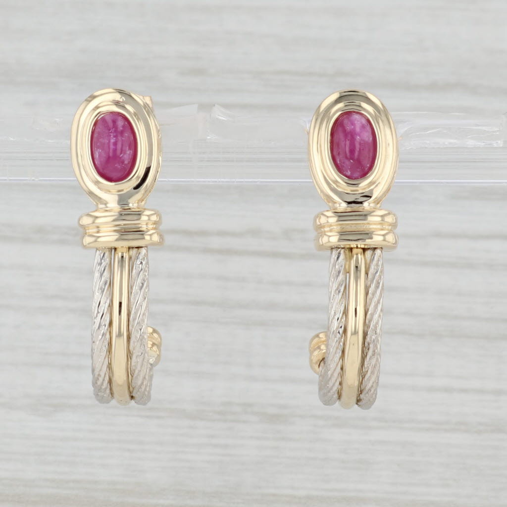 Light Gray Ruby Cabochon J Hook Earrings 14k Yellow White Gold Drop