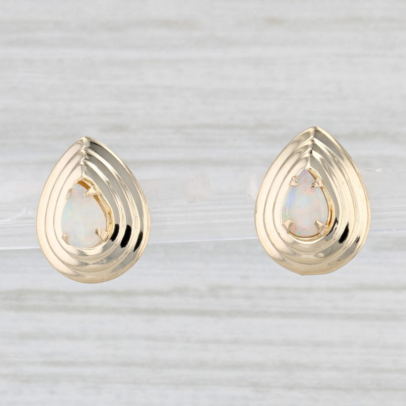 Light Gray Opal Pear Cabochon Solitaire Stud Earrings 14k Yellow Gold