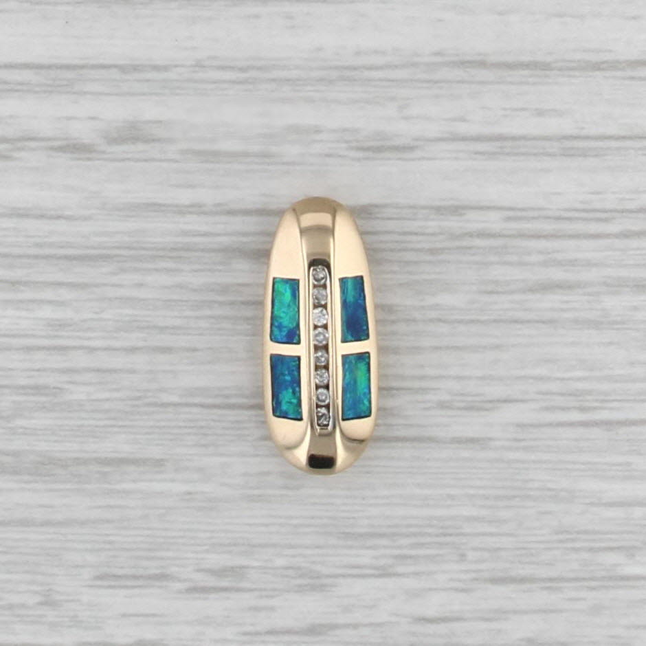 Blue Green Opal Diamond Journey Pendant 14k Yellow Gold Floating Drop
