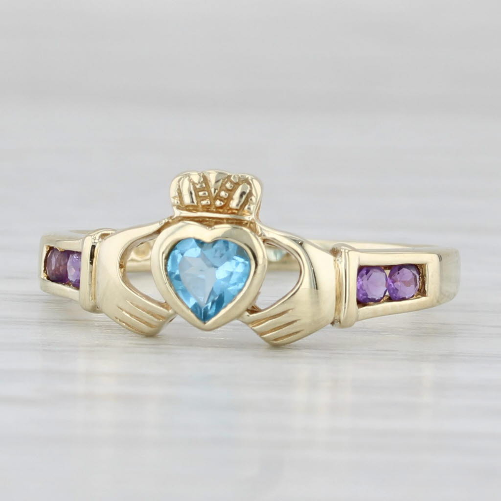 Light Gray 0.39ctw Blue Topaz Amethyst Claddaugh Ring 14k Gold Size 7.25 Made in Ireland