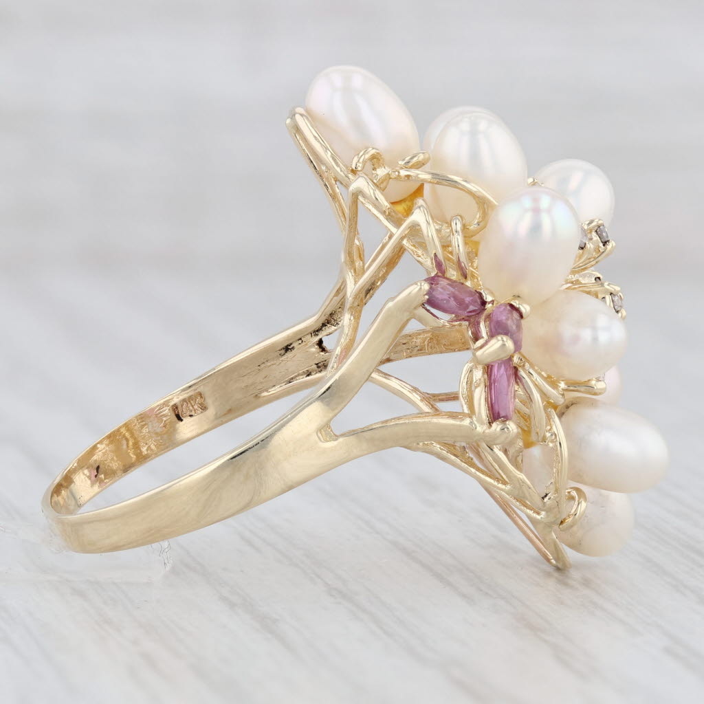 Light Gray 1.06ctw Pink Sapphire Diamond Cultured Pearl Cluster Ring 14k Gold Cocktail