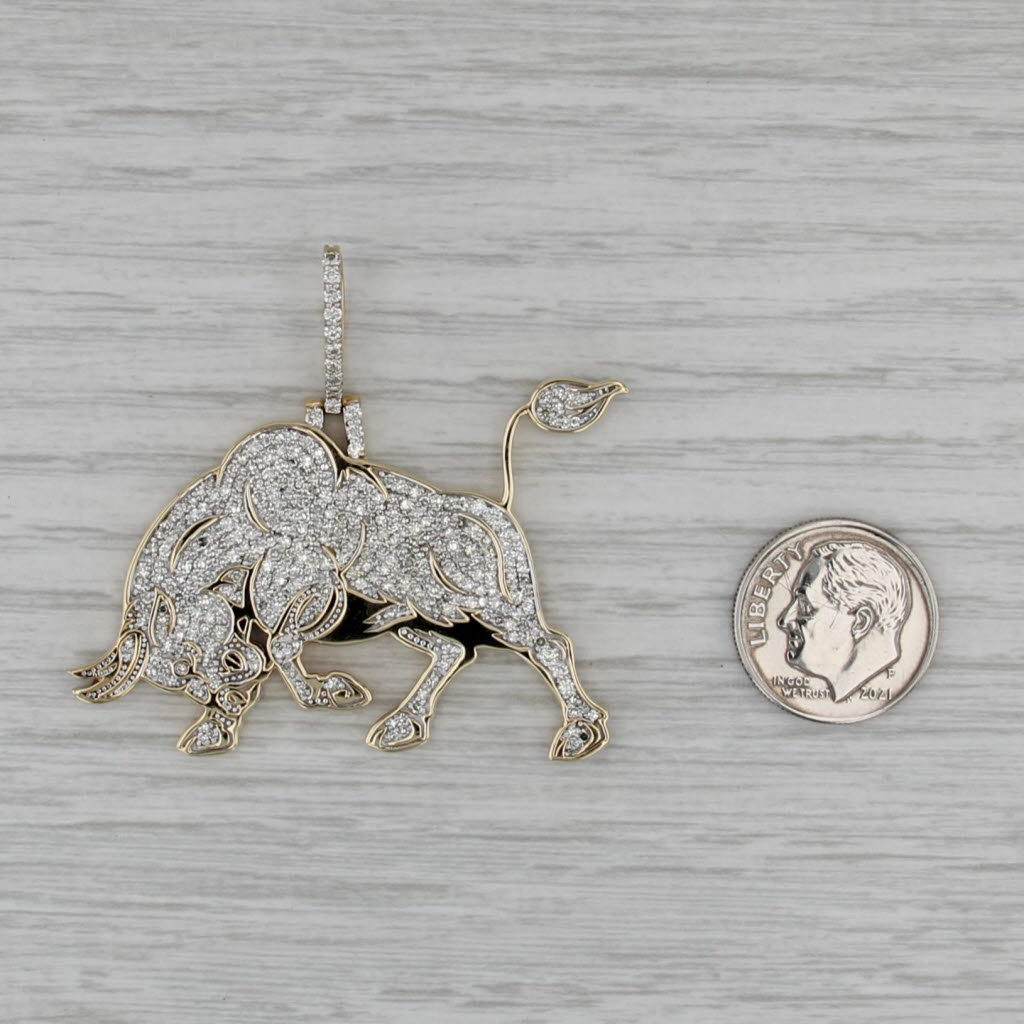 2.27ctw Pave Diamond Raging Charging Bull Pendant 10k Yellow Gold