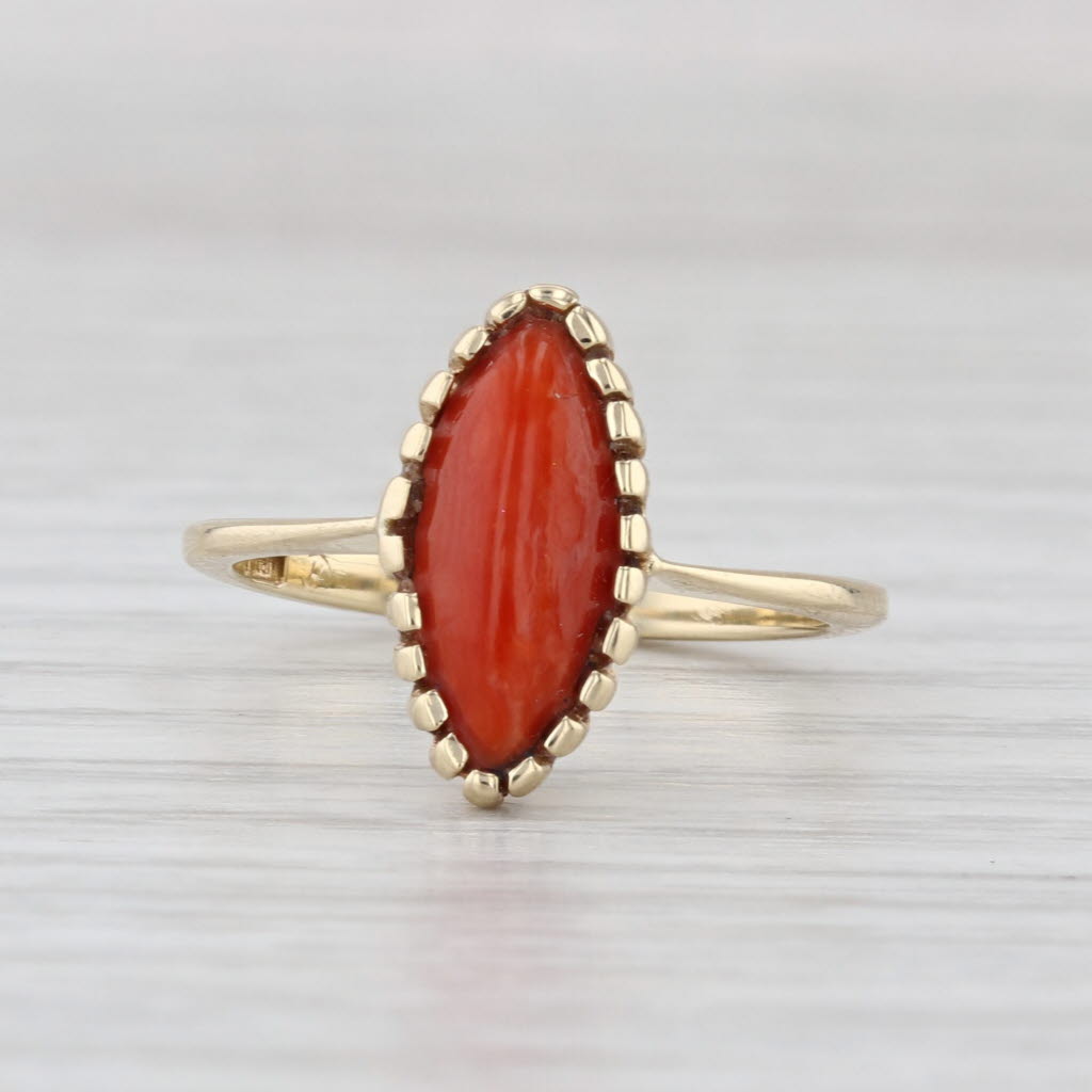 Vintage Coral Navette Cabochon Solitaire Ring 14k Yellow Gold Size 6