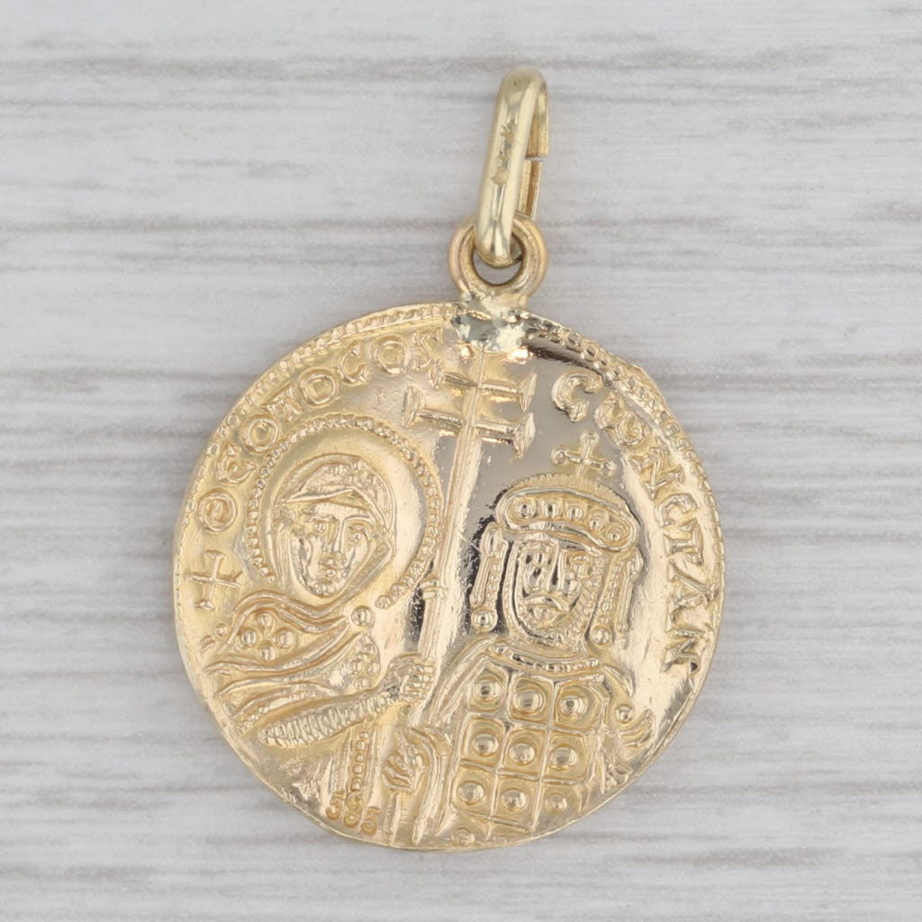 Gray Figural Ancient Byzantine Style Coin Pendant 14k Yellow Gold Medallion Drop