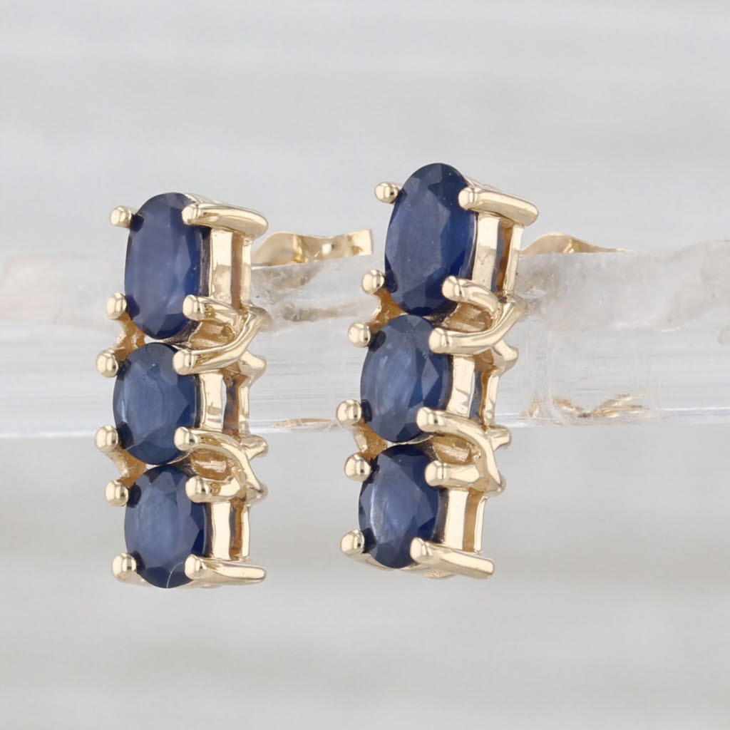 0.76ctw 3-Stone Blue Sapphire Drop Earrings 10k Yellow Gold