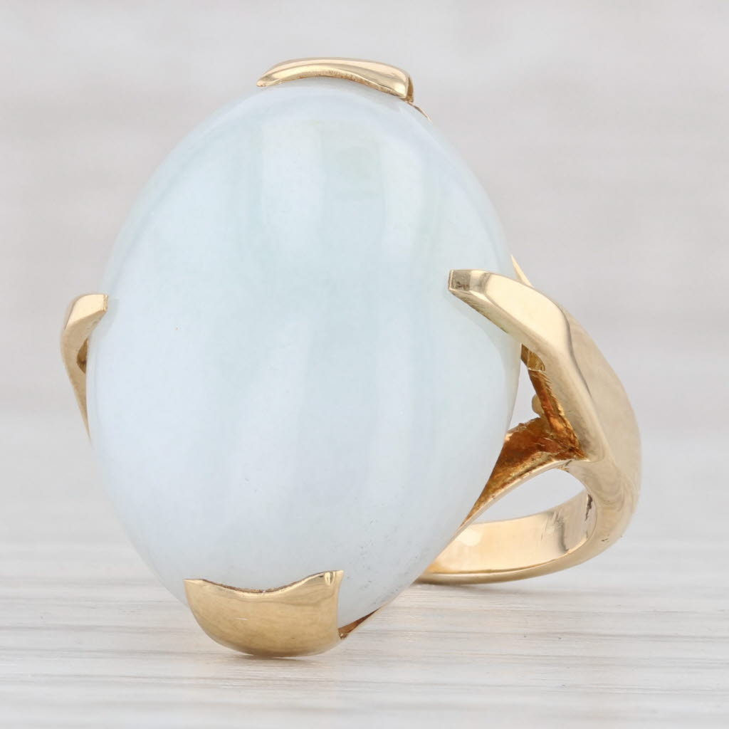 Light Gray Light Green Jadeite Jade Ring 14k Yellow Gold Sz 7 Oval Cabochon Solitaire