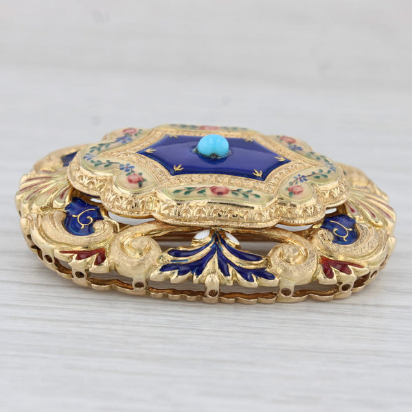Antique Turquoise Ornate Floral Brooch 18k Gold Enamel Pin