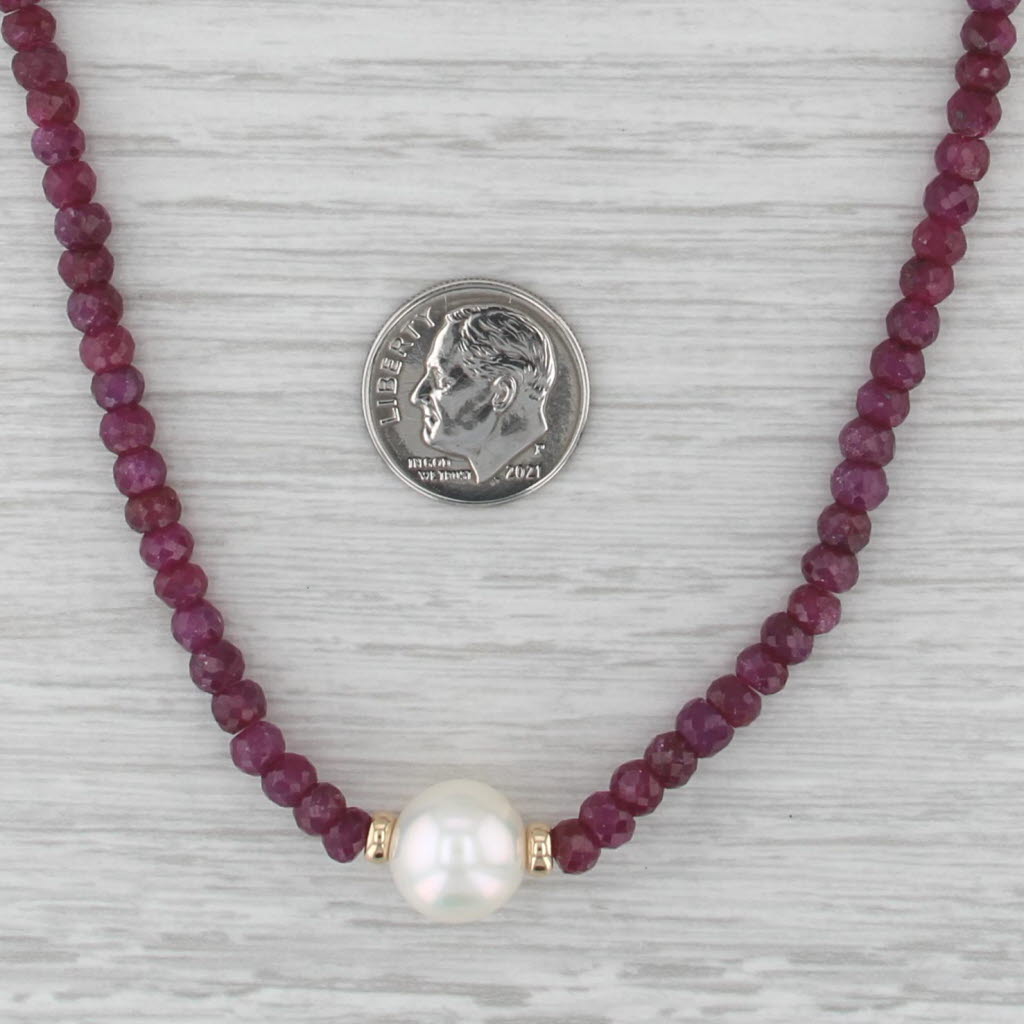 Cultured Pearl Ruby Bead Strand Necklace 14k Yellow Gold 18"