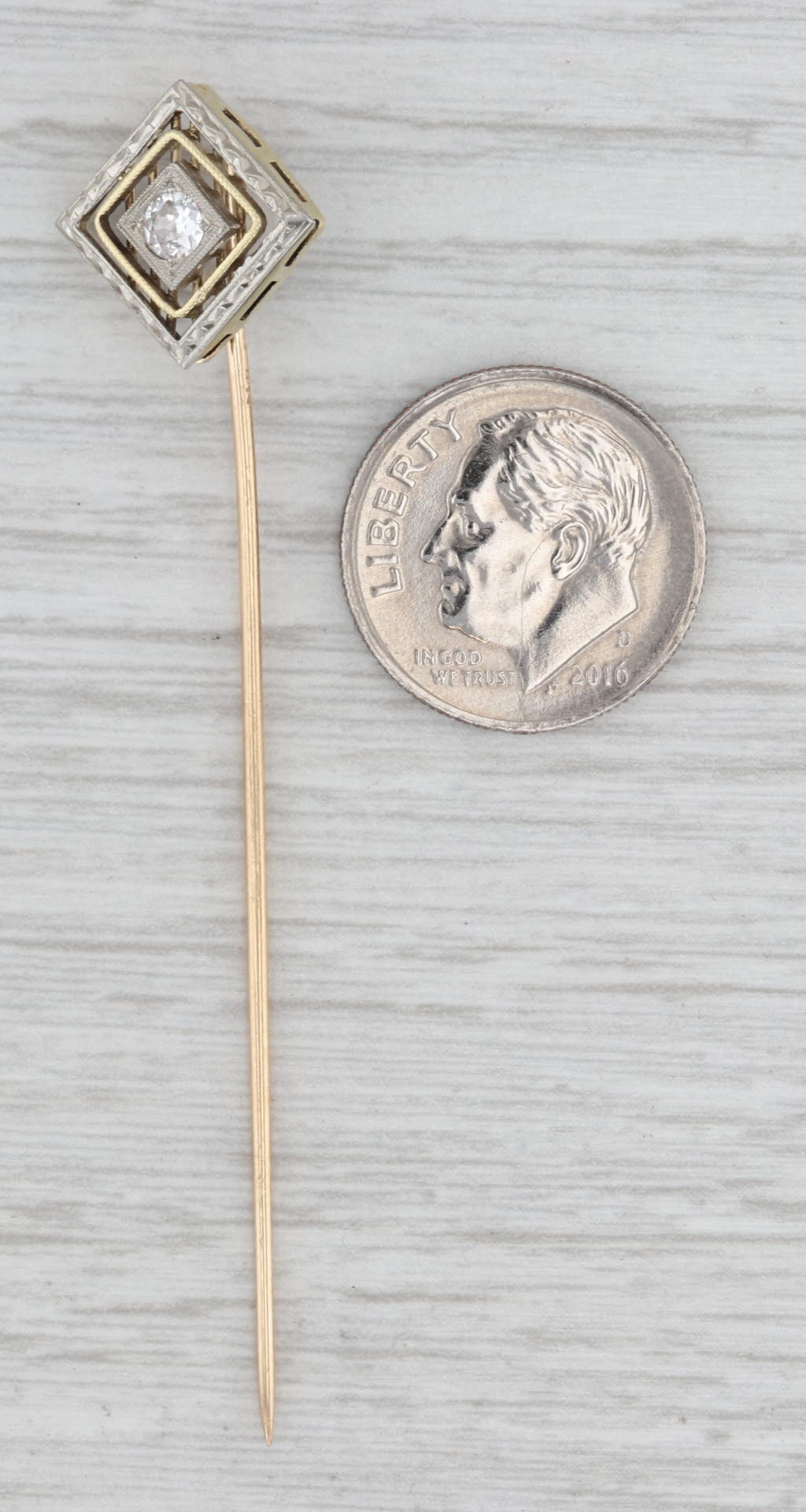 Vintage 0.11ct Diamond Solitaire Stickpin 14k White Yellow Gold