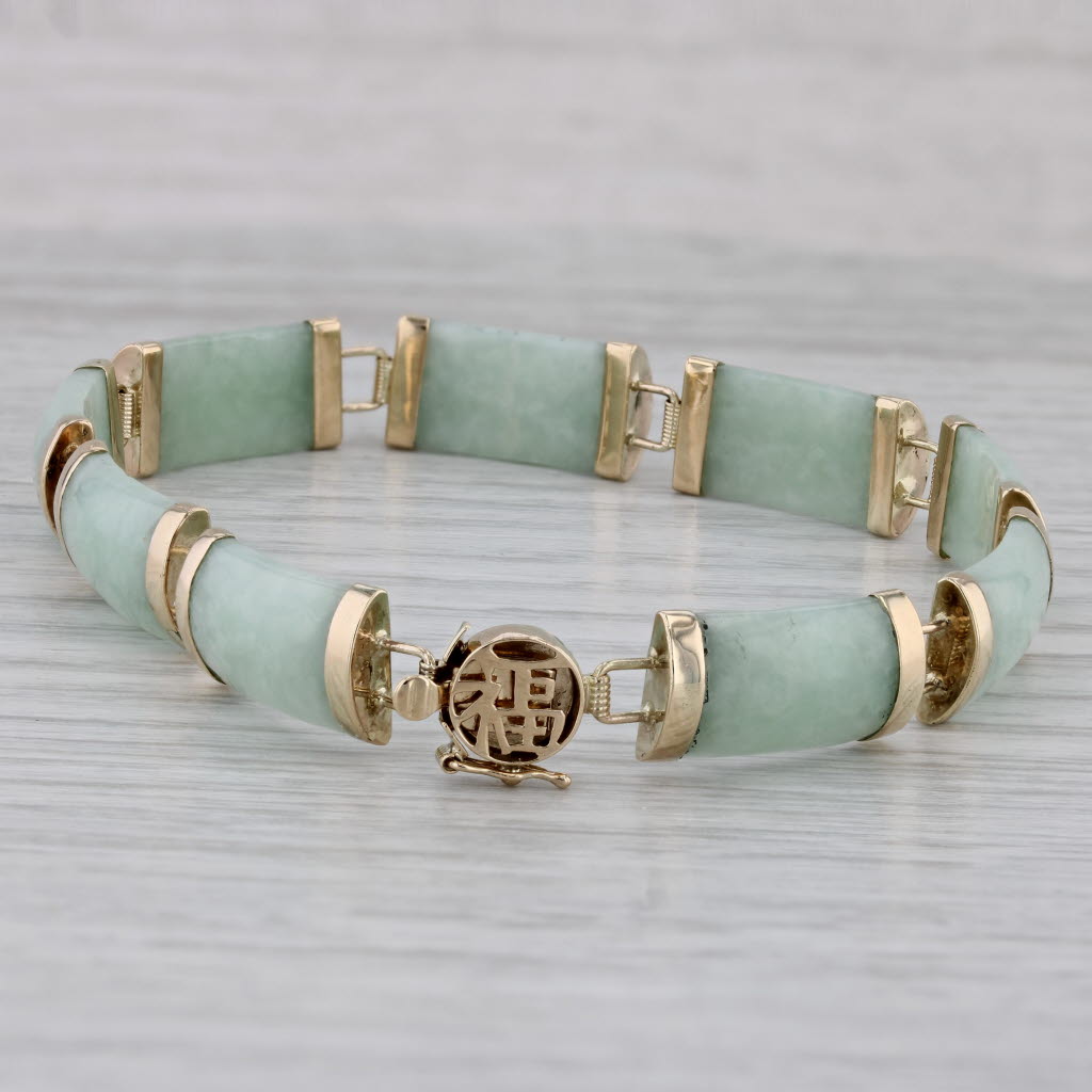 Gray Green Jadeite Jade Bar Link Bracelet 10k Gold 7.25" Chinese Good Fortune