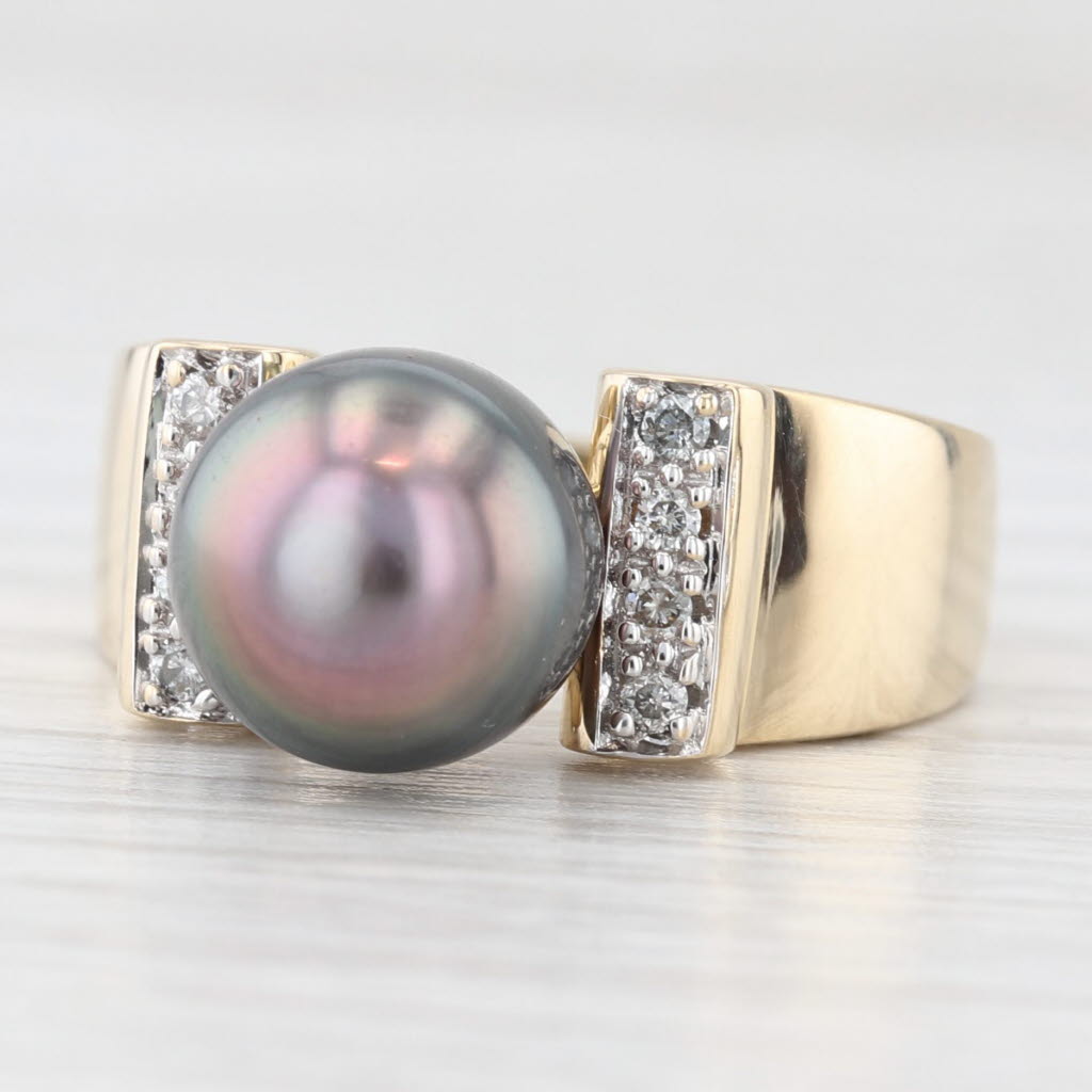 Light Gray 9.1mm Cultured Black Pearl Bead 0.10ctw Diamond Ring 14k Yellow Gold Size 6.25