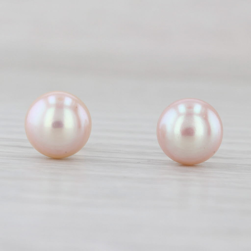 Pink Cultured Pearl Stud Earrings 14k White Gold 8.2mm Round Solitaire Studs