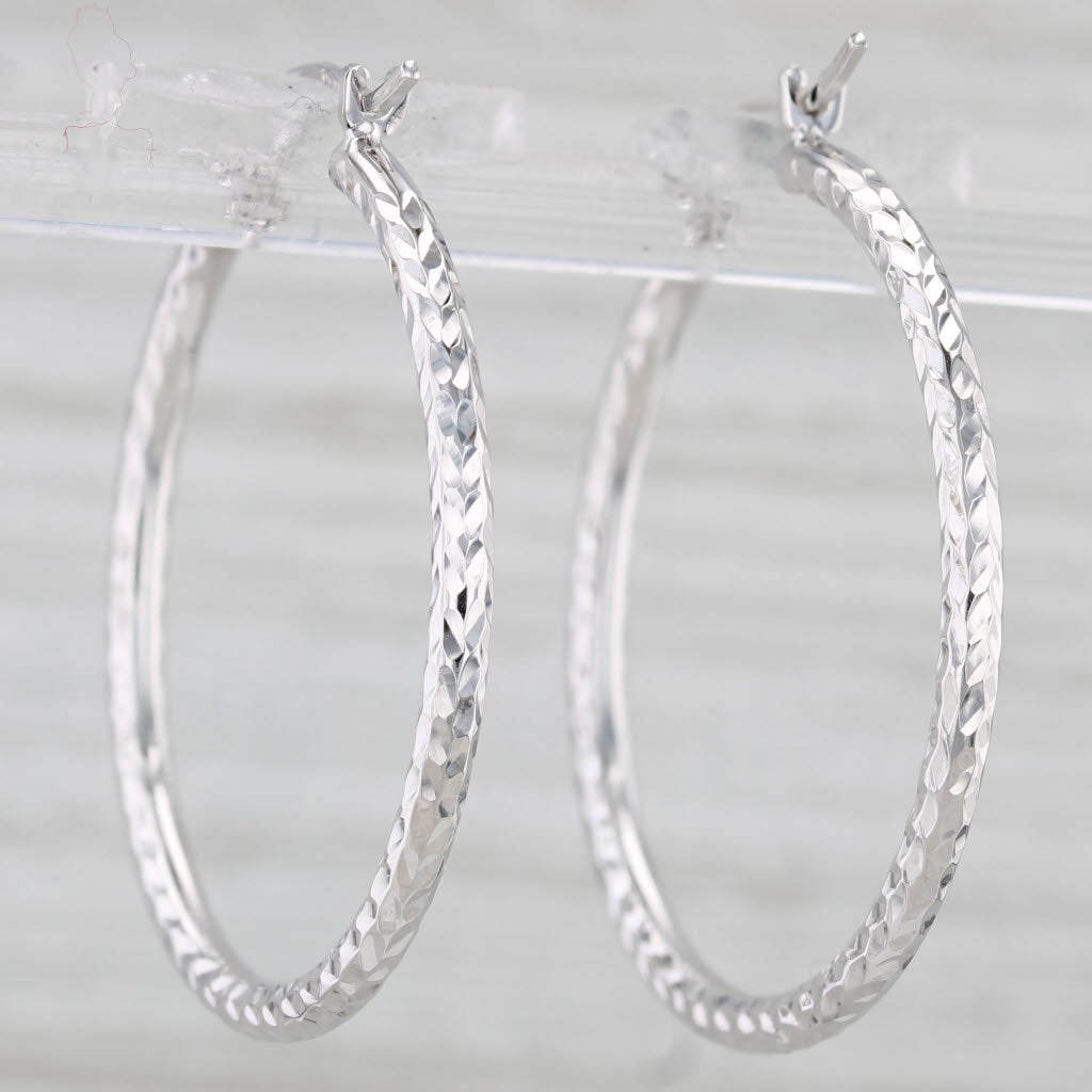 Light Gray New Textured 14k White Gold Snap Top Hoop Earrings