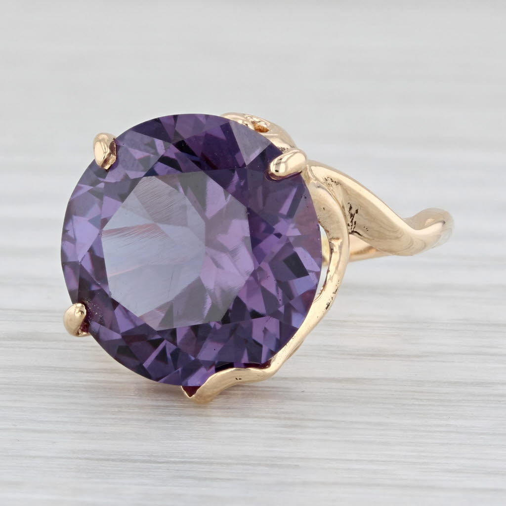 Light Gray Lab Created Star Sapphire Ring 14k Yellow Gold 14ct Round Purple Solitaire