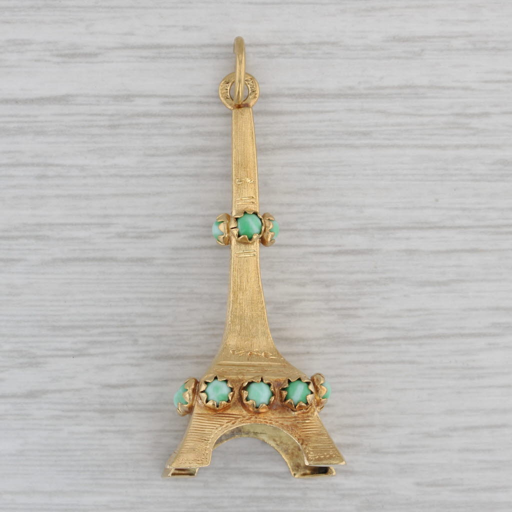 Gray Vintage Glass Accented Eiffel Tower Charm 18k Yellow Gold Paris Souvenir Pendant